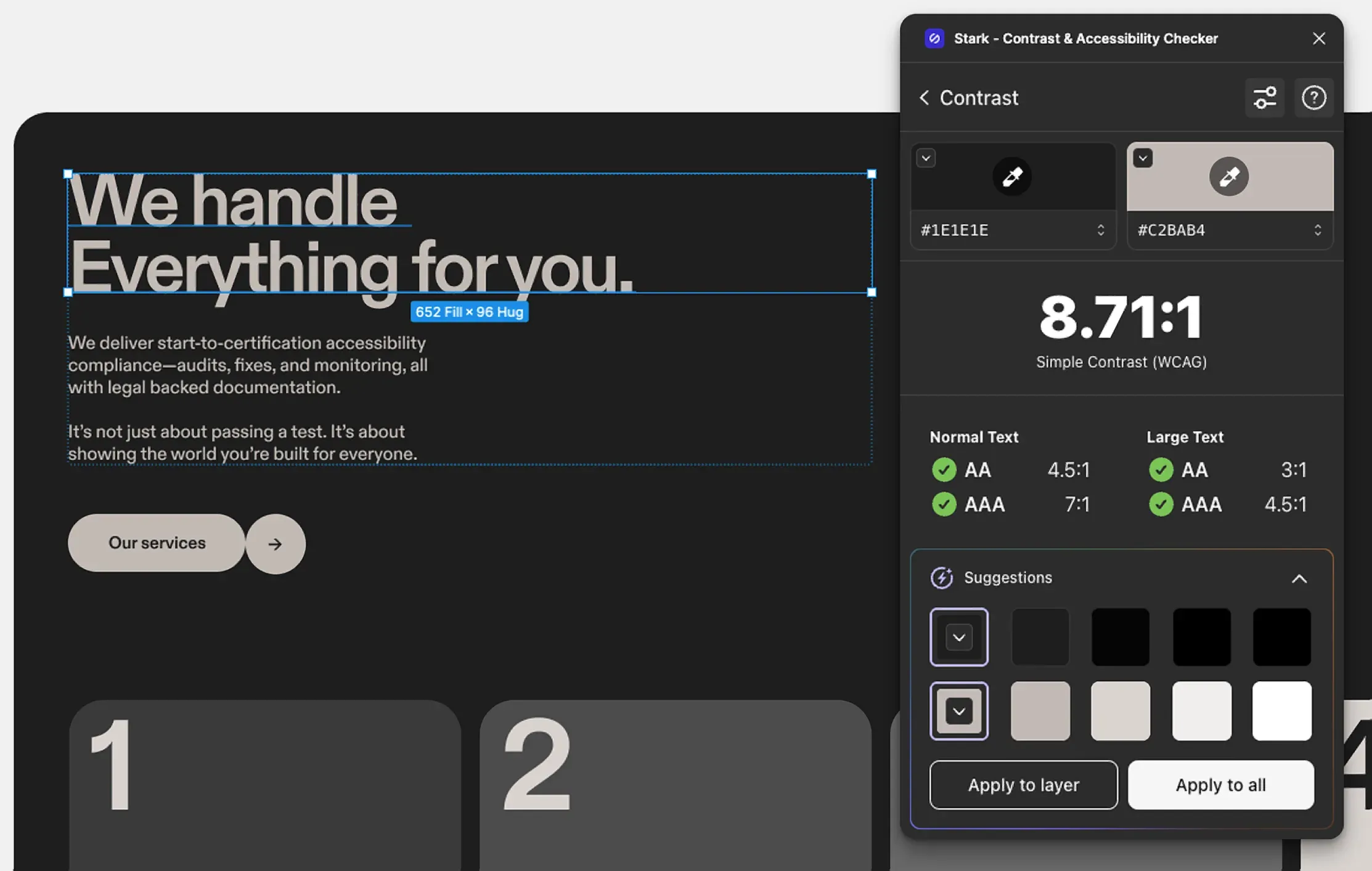 Stark’s Figma plugin showing the color contrast checker with accessibility details and suggestions. Check contrast ratios and get color suggestions to ensure your design always adheres to AA or AAA requirements. It can also pull in local and remote library colors so you can compare with other colors in your design system.