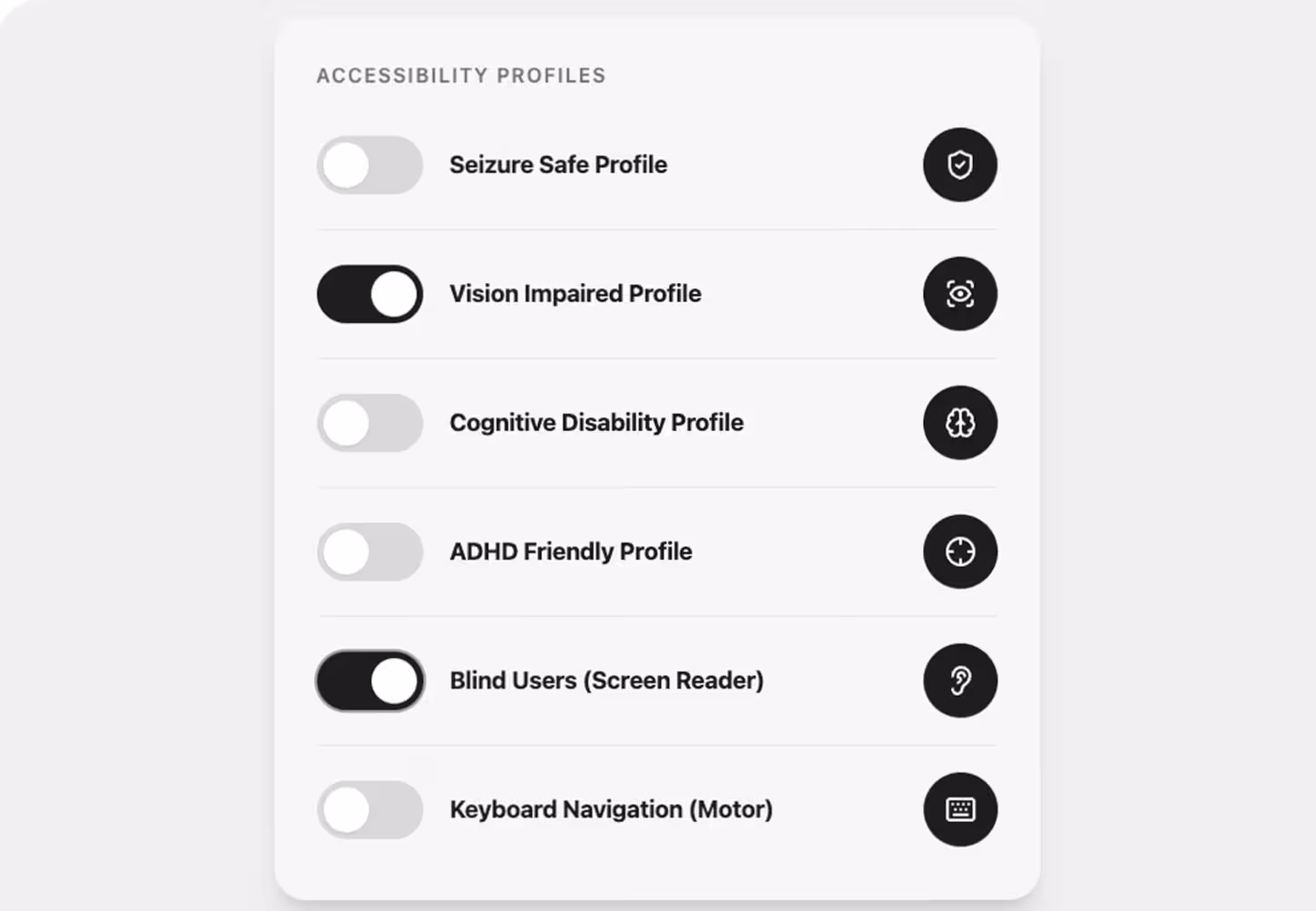 Accessibility overlay providing preset accessibility profiles