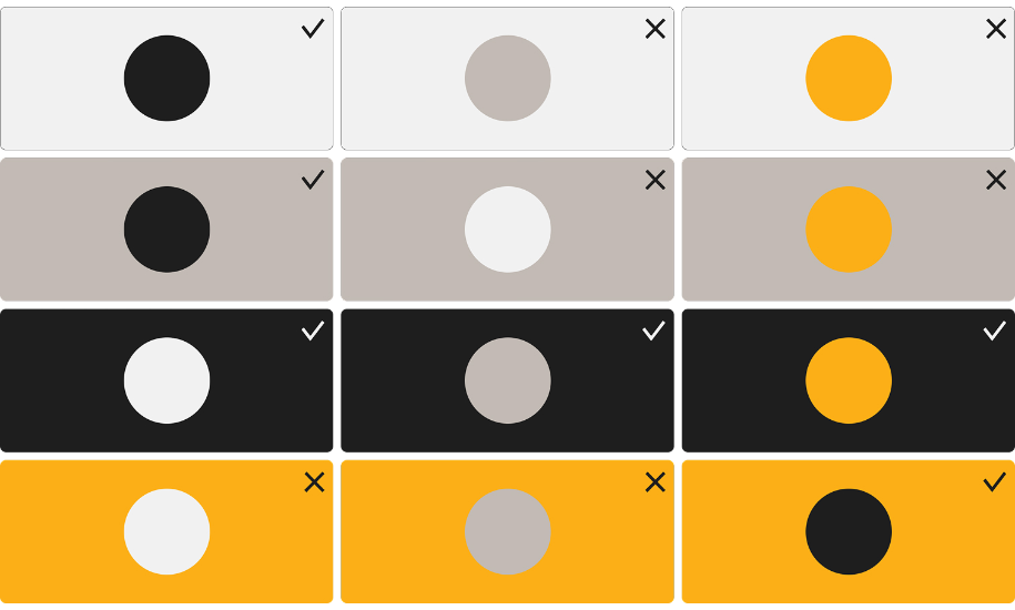 Chart showing Ally brand color combinations for WCAG contrast compliance, with check marks indicating compliant combinations and X marks indicating non-compliant combinations.